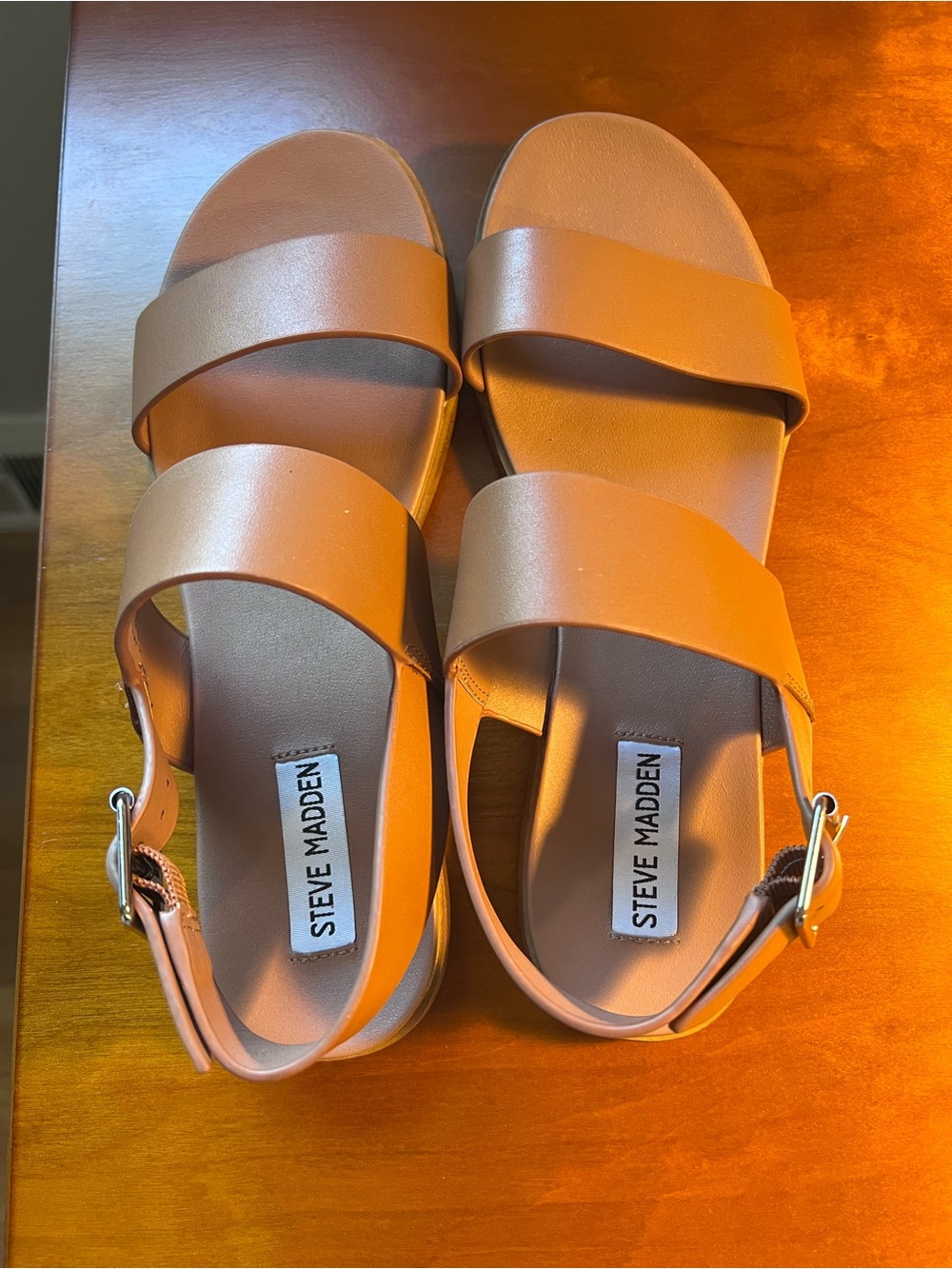Steve Madden Tan Double-Strap Buckle Slide Sandals